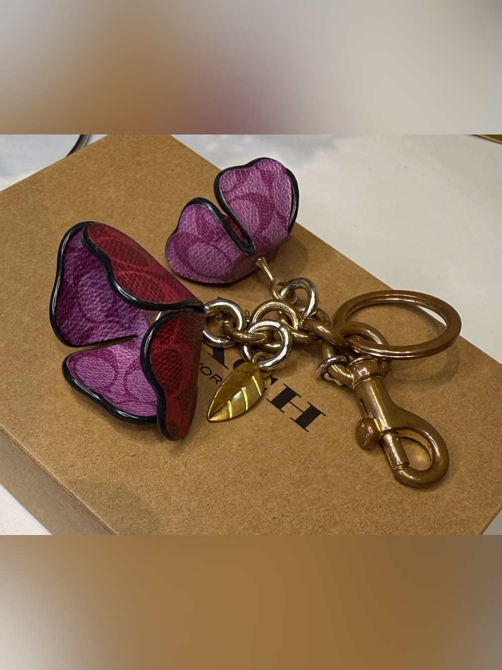 Coach Pink and Red Leather Tea Rose Bag Charm Keychain with Gold Leaf Accent - Picture 3 of 6